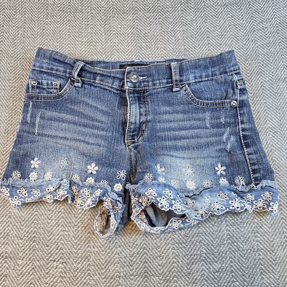 Jordache Girls Blue Denim Shorts Floral Embroidery Eyelet Lace Trim Size 12